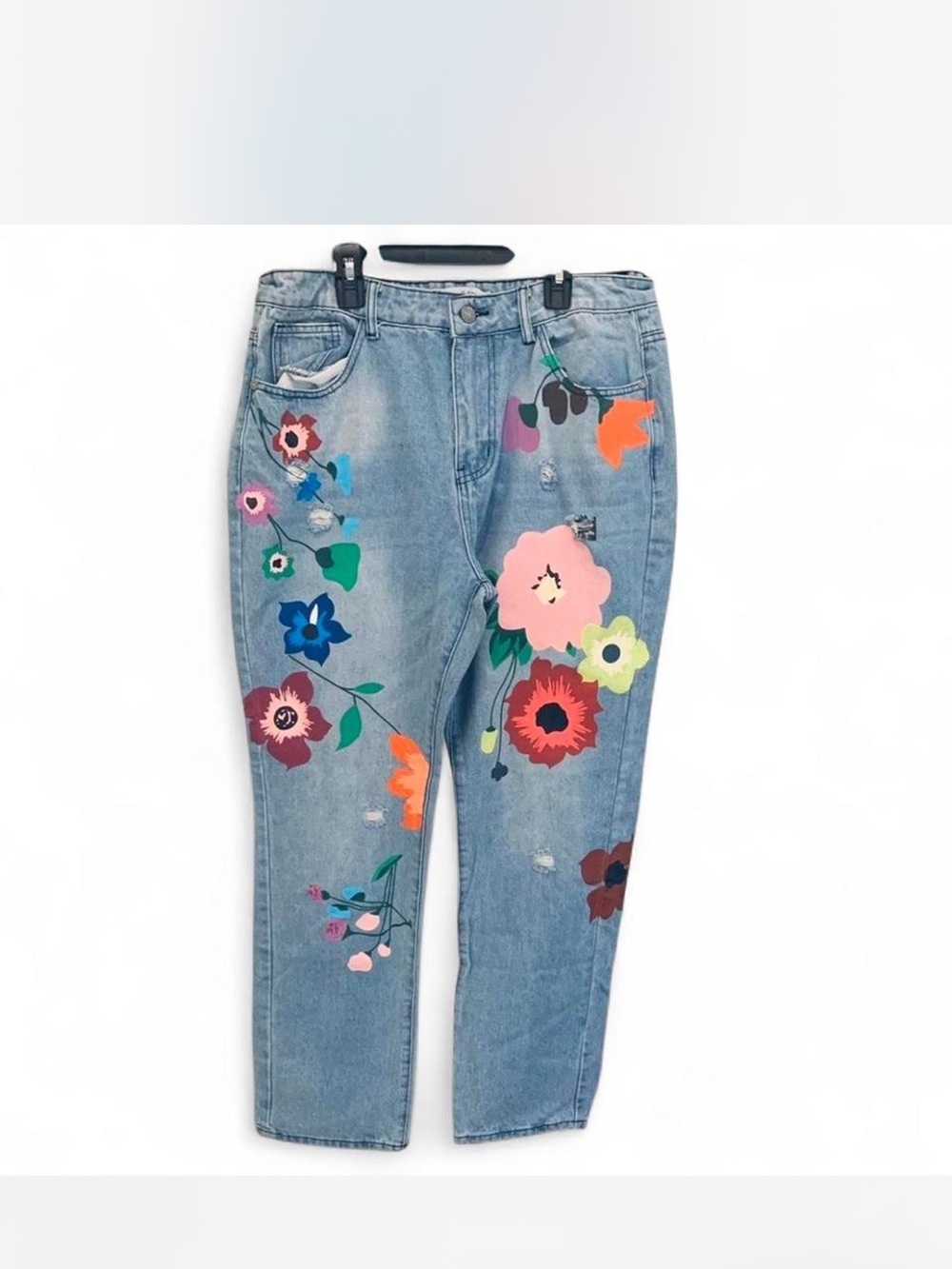 MISSLOOK Boho Hippie Light Wash Jeans with Multicolor Floral Appliqués size 3XL